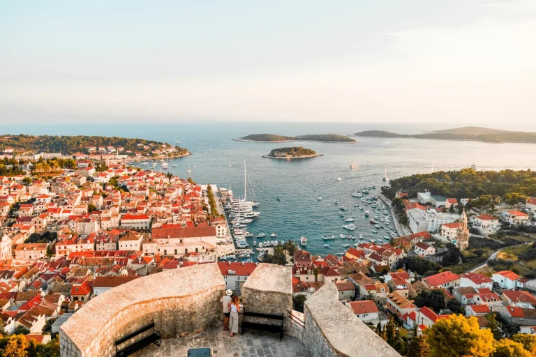 Landscape of old Spanish Fortress in Hvar island, Croatia with view on city, sea and Pakleni Islands