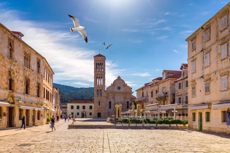 main square in old medieval town hvar with seagulls flying over hvar is one of most popular tourist destinations in croatia in summer central pjaca square of hvar town dalmatia croatia