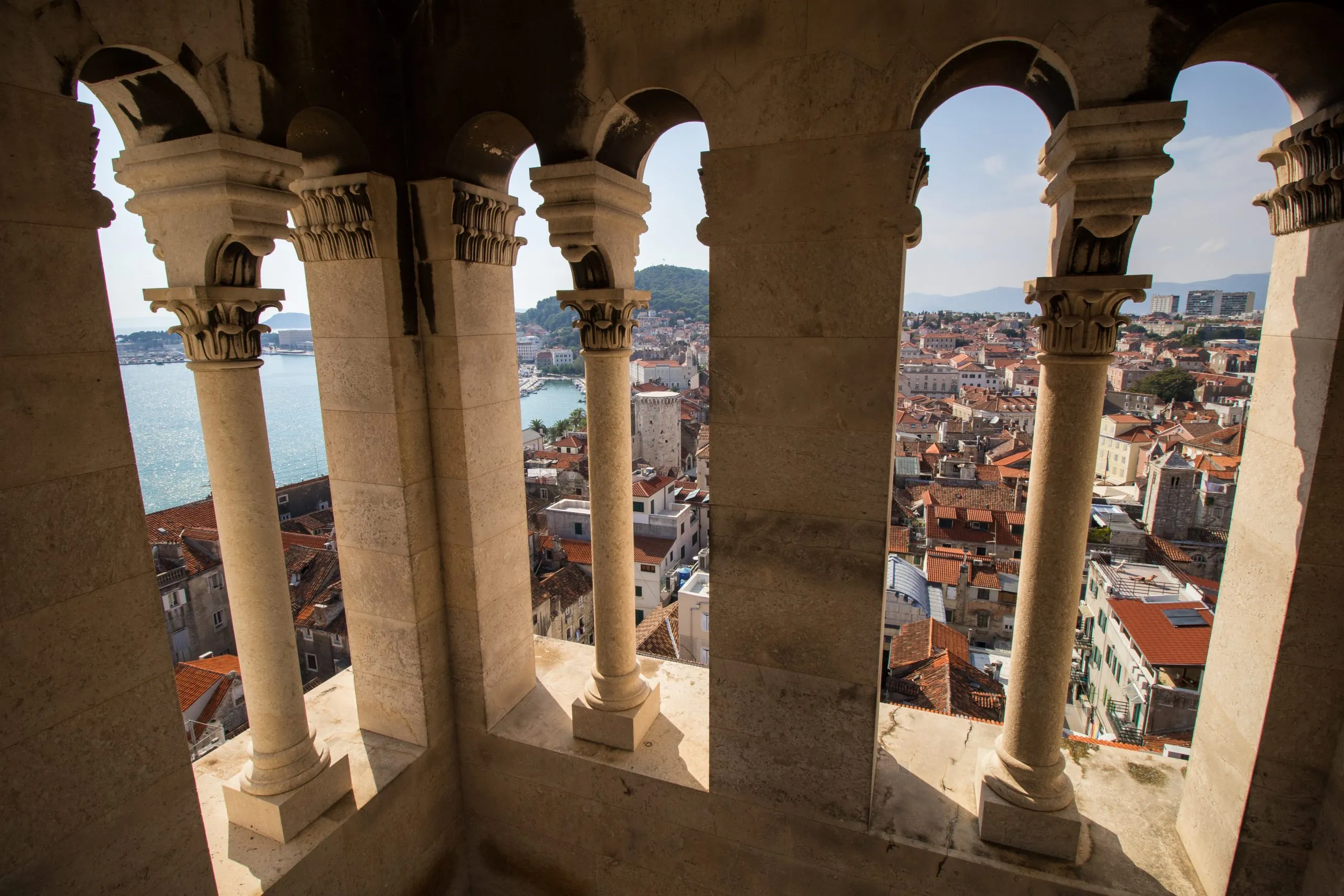 View of Split's old town and beyond from inside the bell tower of Cathedral of Saint Domnius in Croatia.
