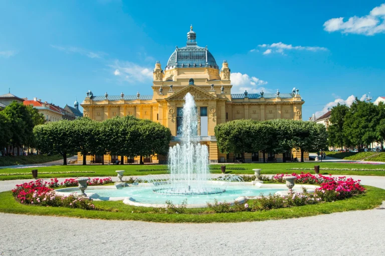 Art pavilion and fountain in Zagreb capital of Croatia